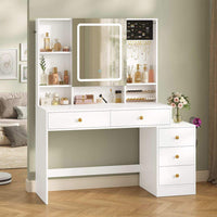 Toeletta con Specchio LED Regolabile in 3 Colori e Luminosità e 5 Cassetti 6 Ripiani Portaoggetti Bianco