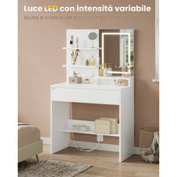 Toeletta con Specchio LED in 3 Colori e Ampio Cassetto e Ripiani Regolabili Bianco