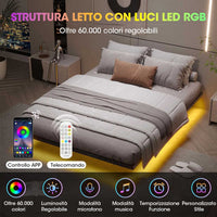 Struttura Letto in Metallo con Illuminazione LED e Rete a Doghe Nera (Senza Materasso)