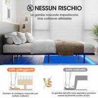 Struttura Letto in Metallo con Illuminazione LED e Rete a Doghe Nera (Senza Materasso)