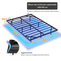 Struttura Letto in Metallo con Illuminazione LED e Rete a Doghe Nera (Senza Materasso)
