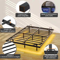 Struttura Letto in Metallo con Illuminazione LED e Rete a Doghe Nera (Senza Materasso)