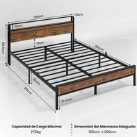 Struttura Letto in Metallo con Illuminazione LED 3 Porte USB e Testiera con Stoccaggio Marrone Vintage